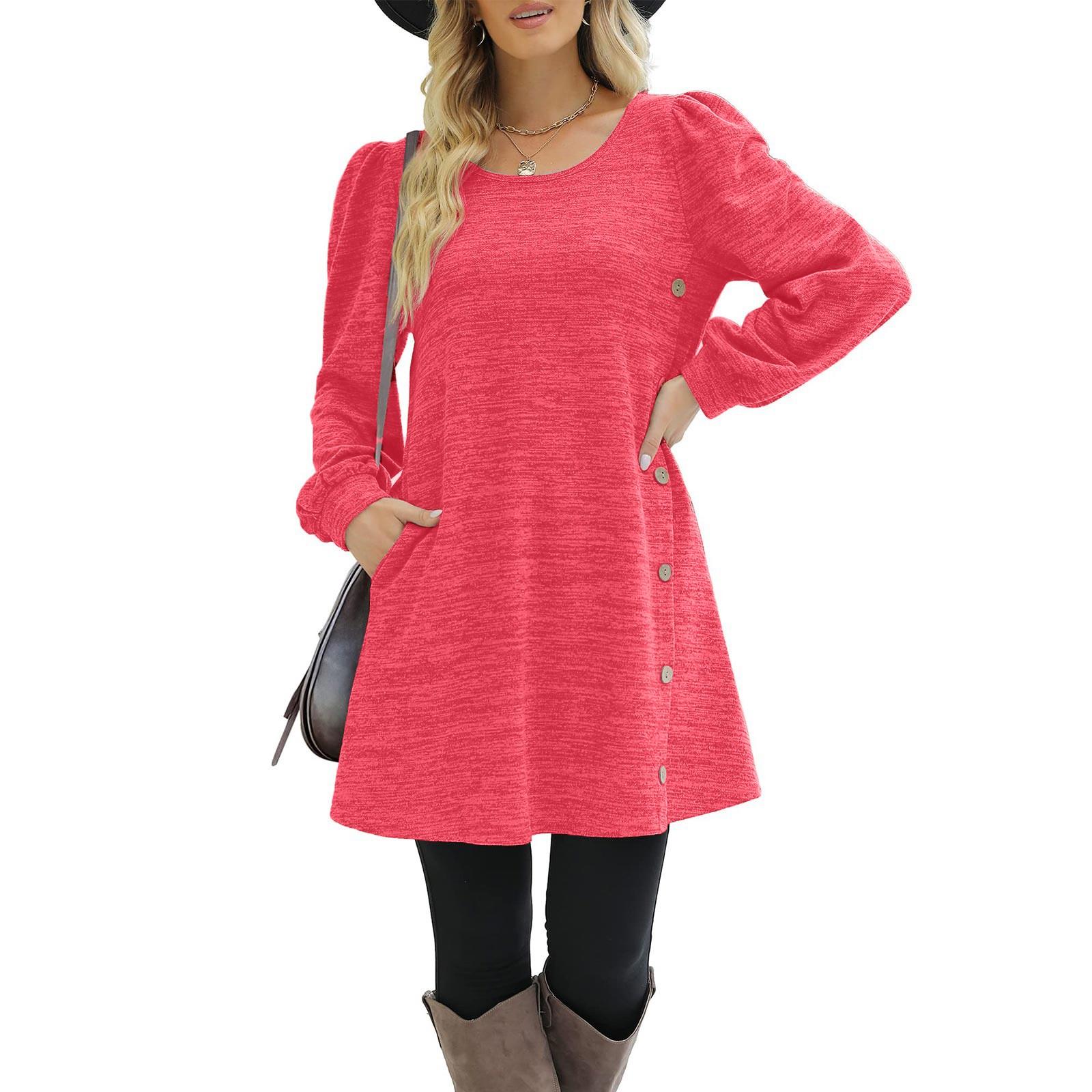 

Fashion Women Round Neck Color Button Long Sleeve Casual Loose Dress XL червоний