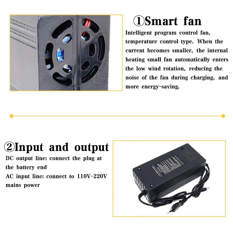 54.6V 2A/3A/5A Lithium Battery Smart Charger AC100-240V With Fan For 13S 48V 20A 30A E-two Wheelers Li-ion Cells Fast Charging