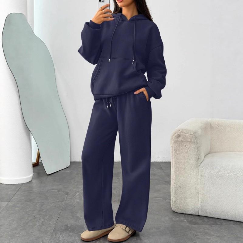 Damen Casual Kapuzenpullover Weite Hosen Set - Baumwollmischung Lockerer Schnitt 10 Farben
