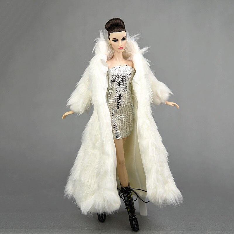 Příslušenství pro panenky Barbie, oblečení, parka, zimní super dlouhý kožešinový bílý kabát a stříbrné šaty, módní oblečení pro panenku 1/6