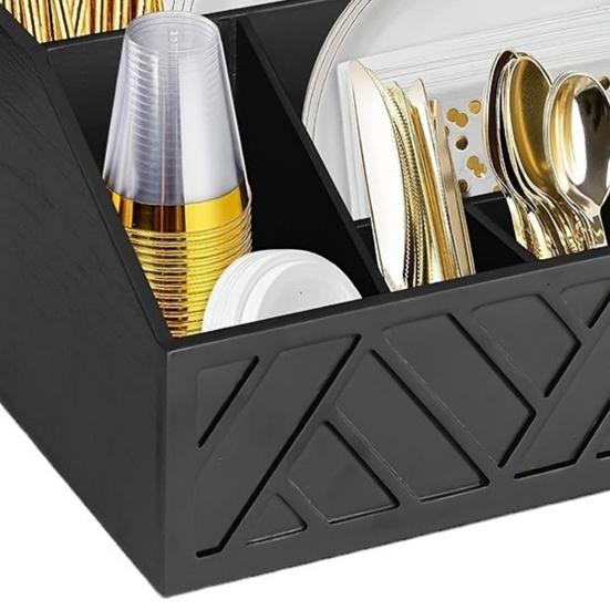 Rustic Wood Paper Plate Dispenser Caddy Organizer Countertop Utensil Holder