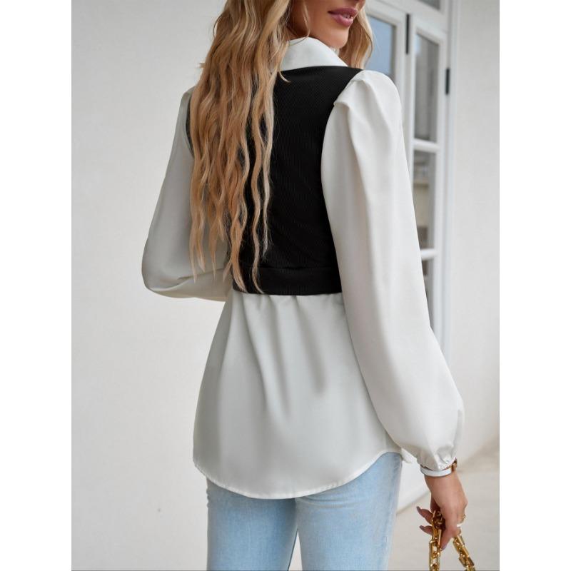 Women's Blouse Bubble Sleeve Temperament Casual Colorblocking Blouse