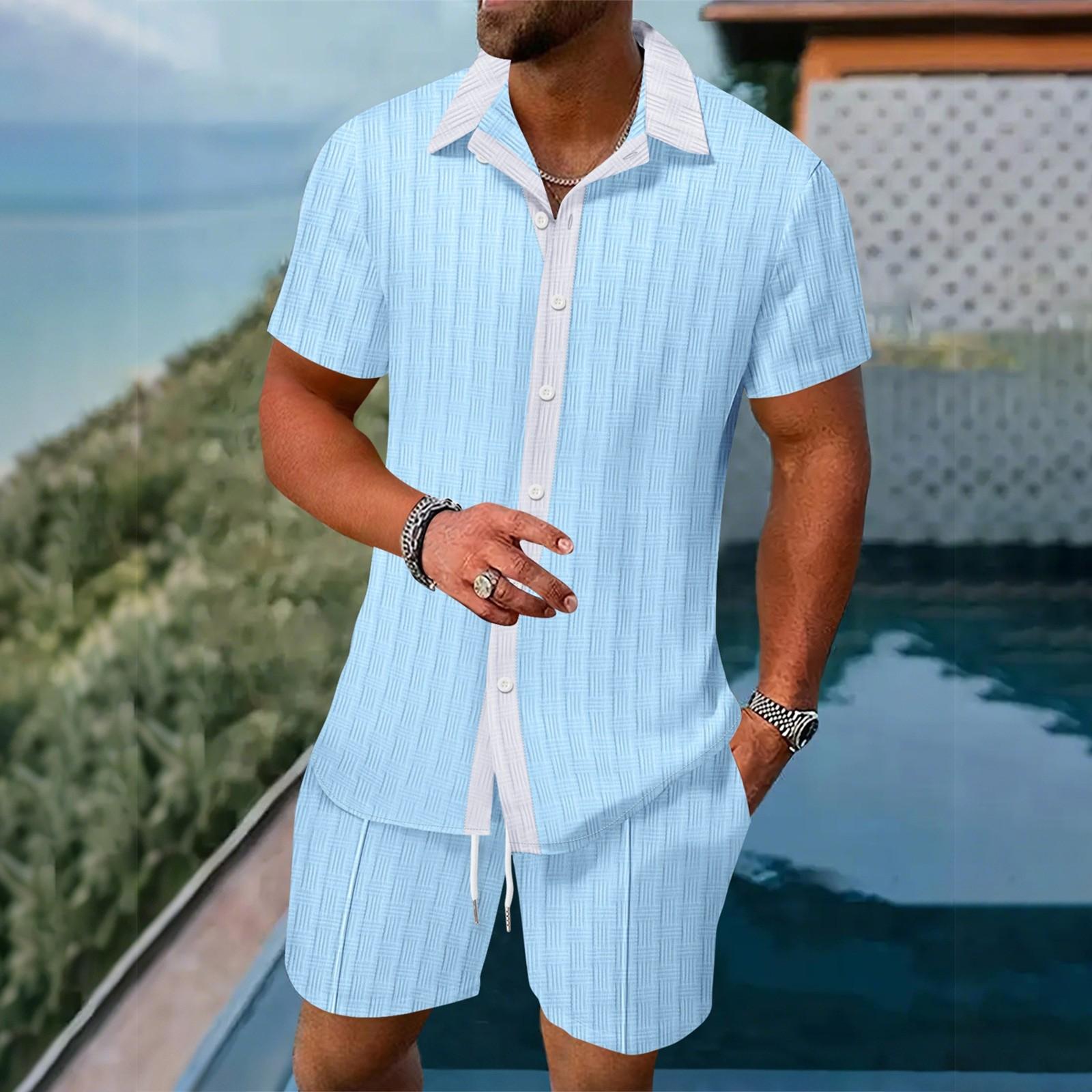 

Мужская рубашка в стиле колор-блок, повседневные шорты с короткими рукавами, пляжный комплект XXL синий