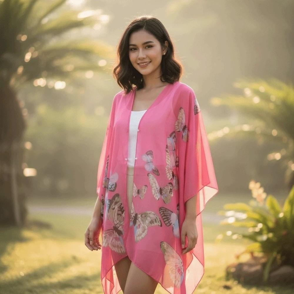 Breathable Thin Large Scarf with Buckle Seaside Vacation Cloak Sunscreen Butterfly Shawl  Gift