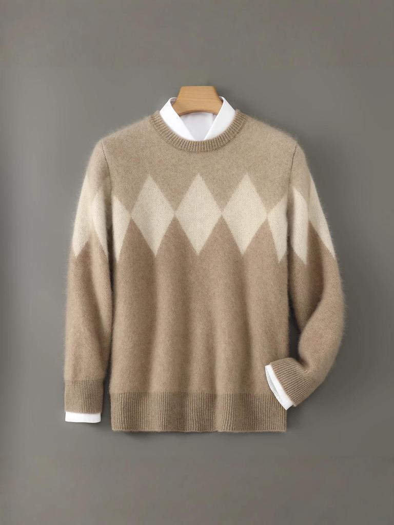 Men's Diamond Pattern Wool Sweater - Color Block Round Neck Pullover for Autumn & Winter.