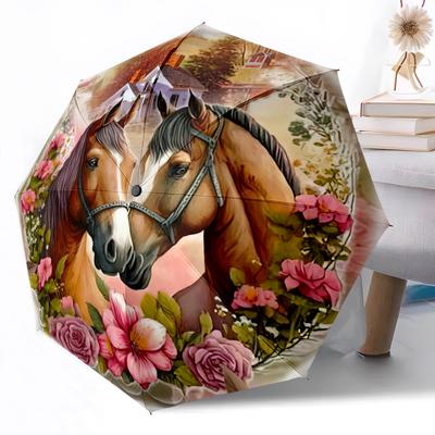 Horses In Romantic Garden Portable Automatic Umbrella Compact 8 Rib Lightweight Foldable Design for Outdoor Daily Use Perfect Gift for Friends Family