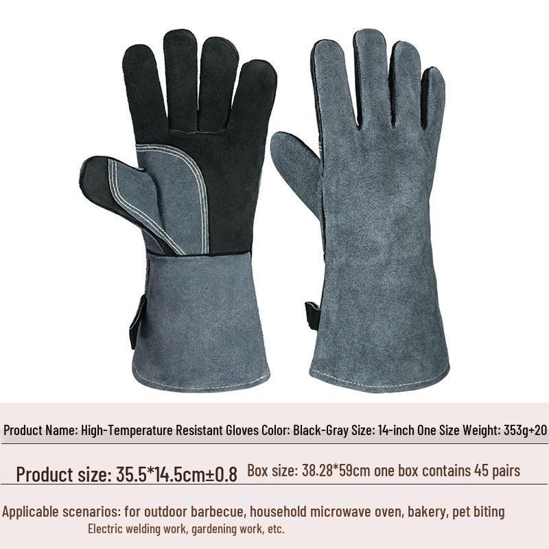 Extra Long Flame Retardant Cowhide BBQ Gloves - Heat Resistant Up To 500°F - Anti-Scald Protection for Baking, Oven, Boiler, and Grilling