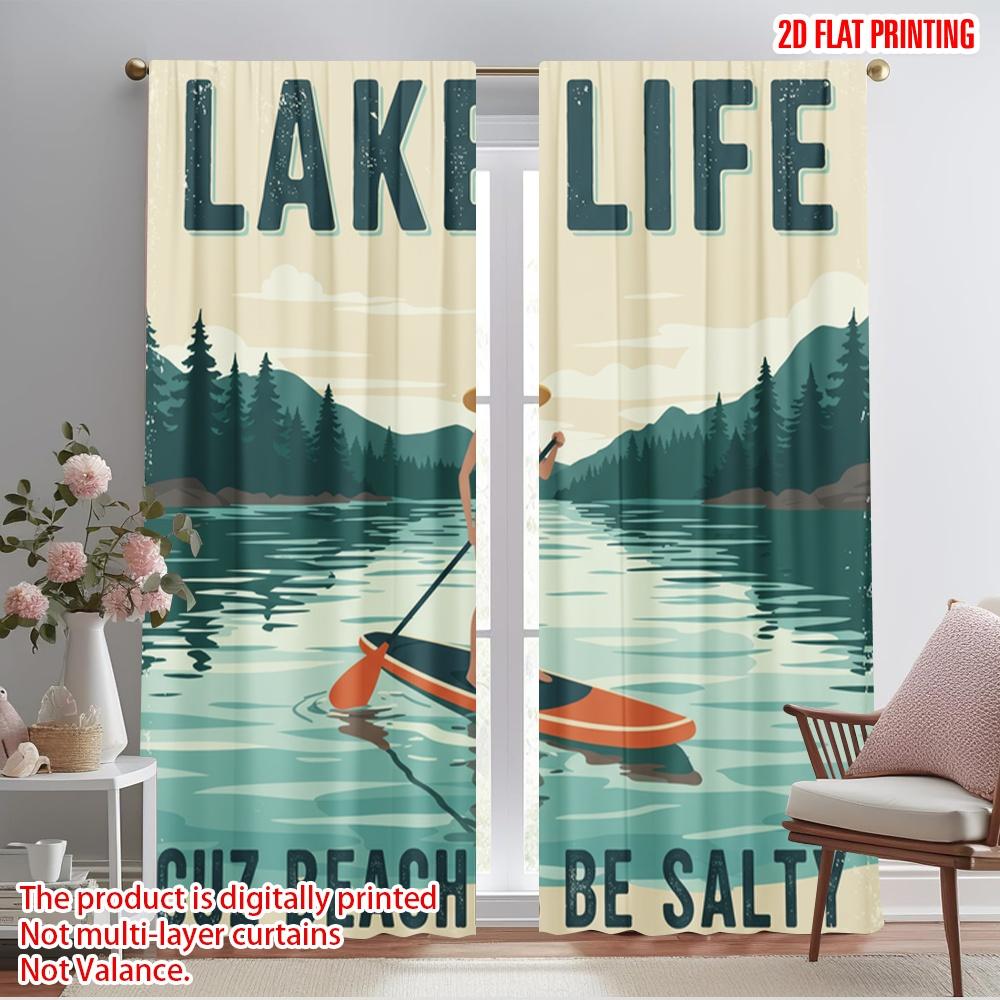 

2pcs 2D flat printing Curtain Lake Life Paddle Board 100% Polyester Fabric Without Electricity 0 Use for Indoor Celebrations 52.50×116.00 CM 2pcs
