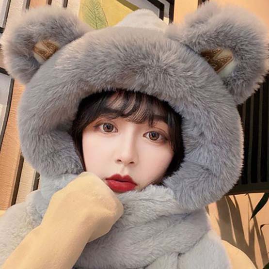 WTEMPO Solid Color Furry Plush Cute Ear Decor Gloves Scarf Hats Cold-proof Windproof Warm Autumn Winter Casual Verstaile Hats