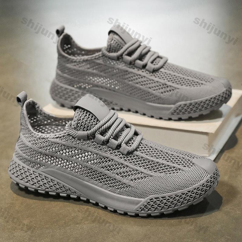 Men White Sneakers Summer Breathable Fly Weave Mesh Sports Running Shoes Lightweight Comfortable Fashion Cross Tied Casual Shoes