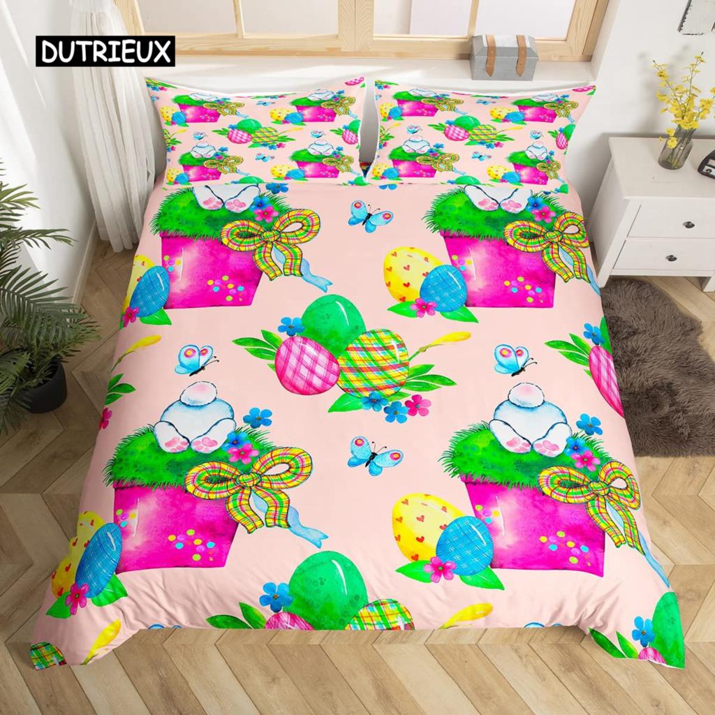 Kawaii Králičí Povlak na Peřinu Roztomilý Mazlíček Zvíře Povlak na Přikrývku Boho Květinový Velikonoční Vajíčka Ložní Set Šťastné Velikonoce Dárky pro Dívky Teenagery