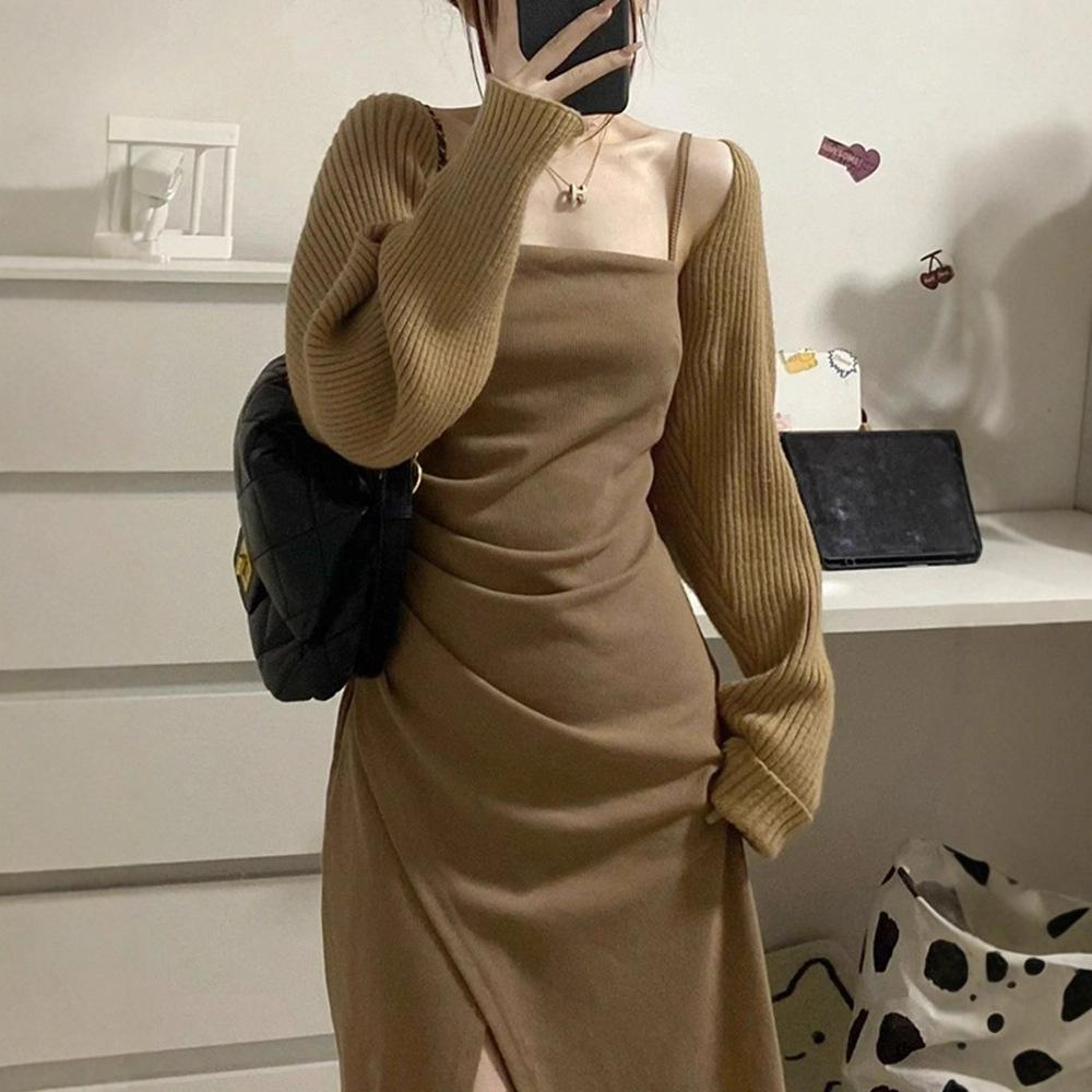 Повседневный универсальный темпераментный вязаный кардиган женский осенний свитер с маленькими бретелями блузка-шаль короткая куртка топ one size fits all хаки 1690₽