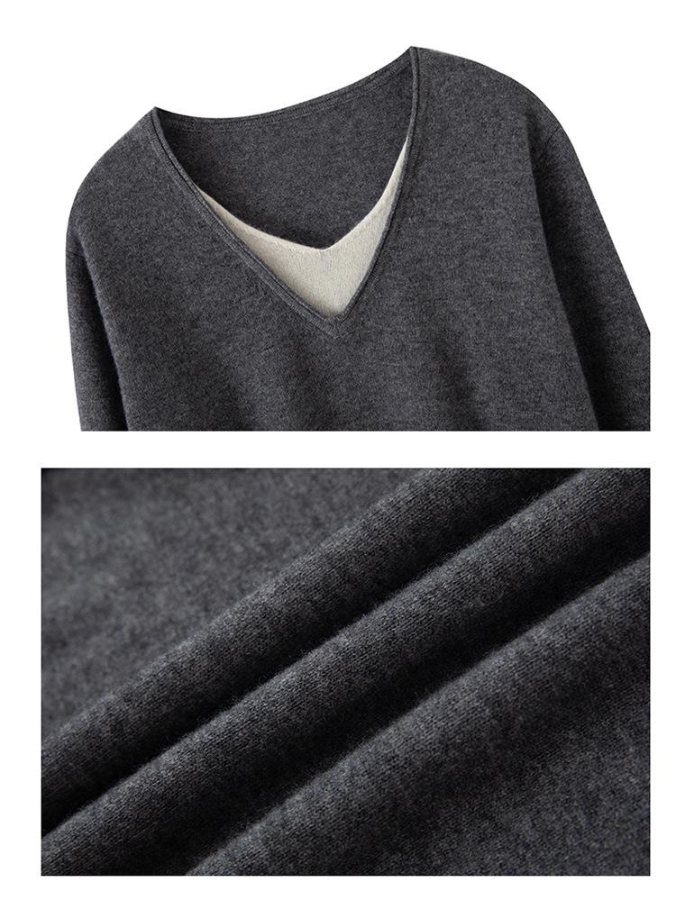 Women's Versatile Autumn V-Neck Color Block Cashmere Knit Sweater - Faux Two-Piece Loose Top