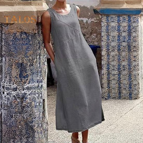 Sleeveless Maxi Dress for Women Loose Crew Neck Tank Dress with Pockets Beach Vacation Long Sundress Summer Casual Outfit
