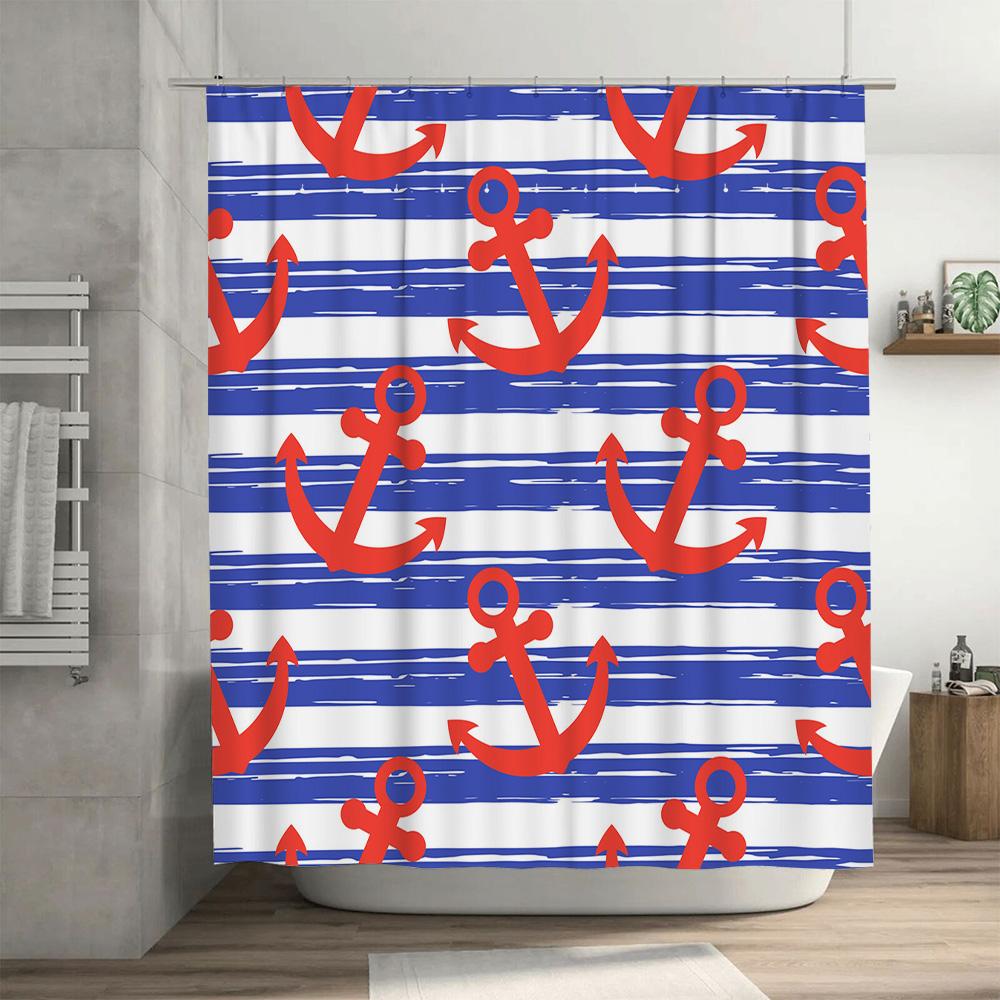 Red Anchors Blue Striped Shower Curtain Waterproof Polyester Bathroom Decor Set