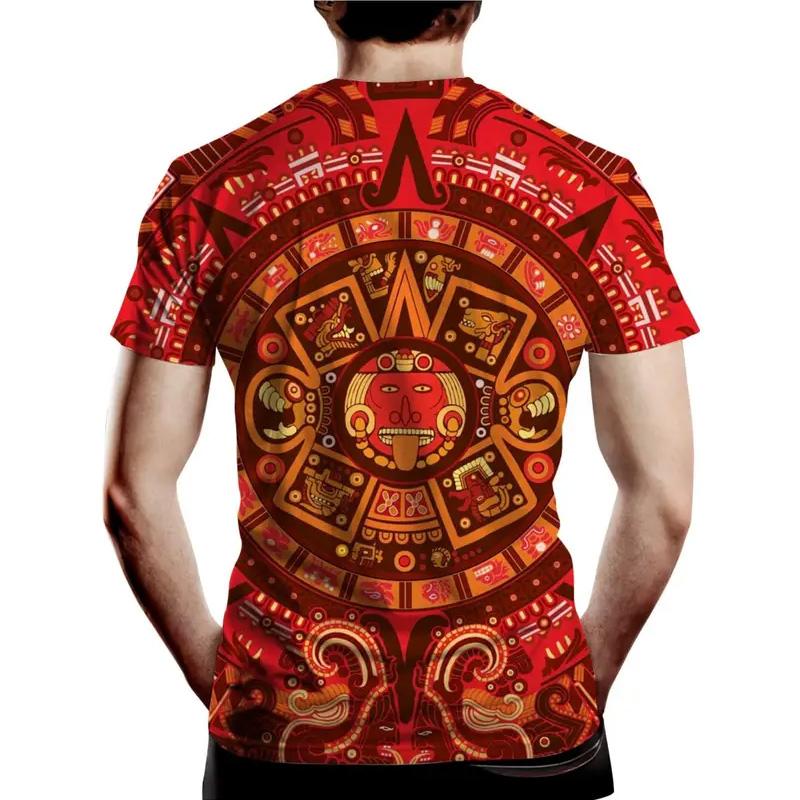 Herr T-shirt med livfullt mönster från Mayakulturen, kortärmad med rund hals och bekvämt tyg av polyesterfiber, lämplig för sommarens vardagsbruk