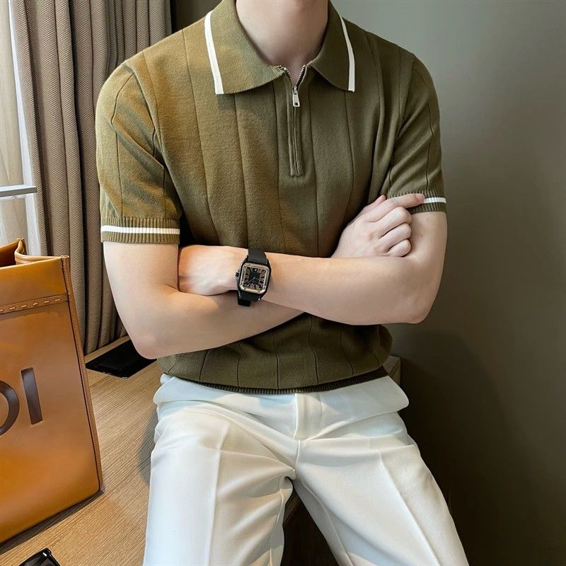 

Мужская летняя винтажная трикотажная футболка поло с полумолнией, простая, в деловом повседневном стиле, с коротким рукавом, облегающий пуловер 4XL зелёный