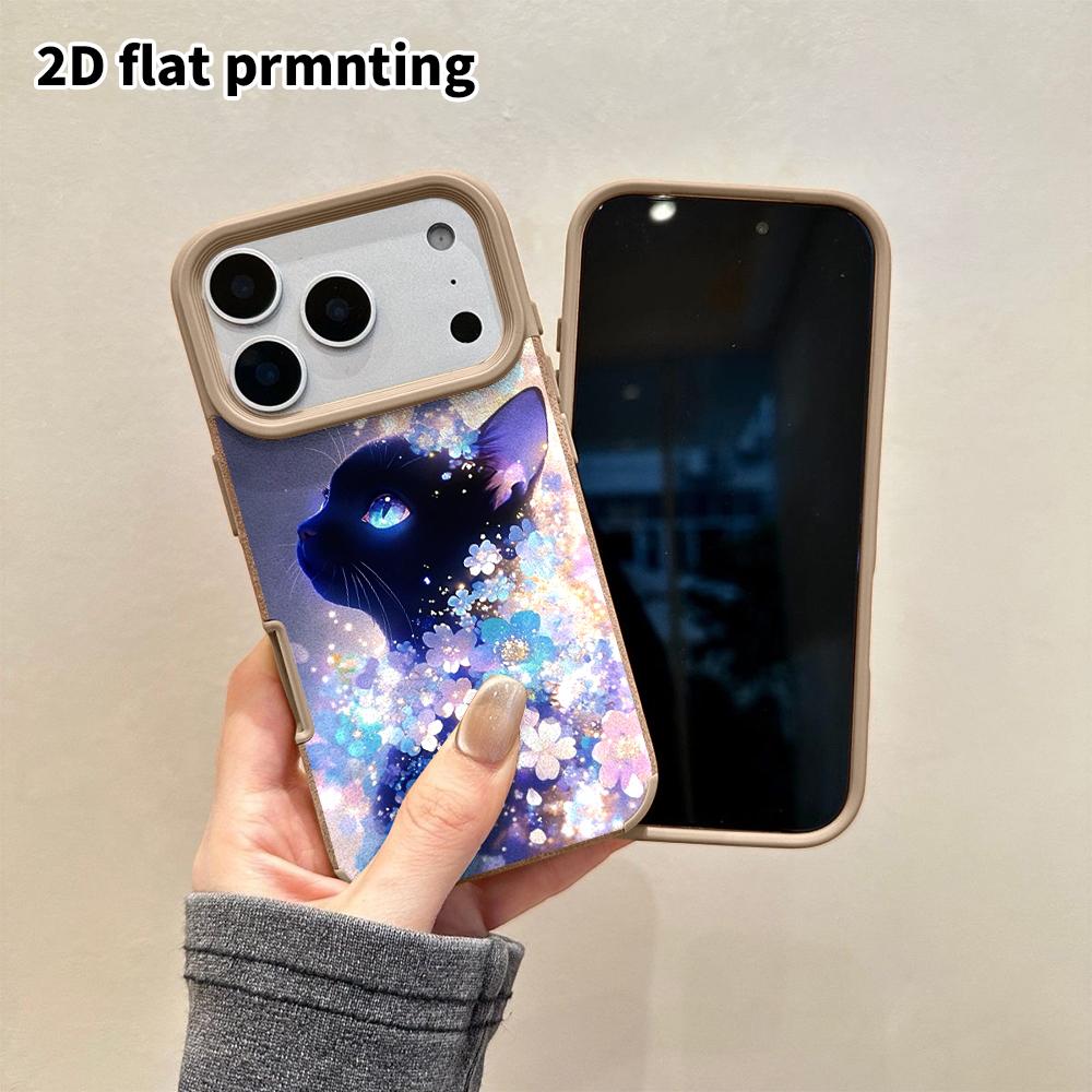 Phone Case: 2D Flat Lambskin Suitable for iPhone 18 17 16 15 14 13 Pro Film Protective Case,floral Black Cat, Christmas and Halloween Gift