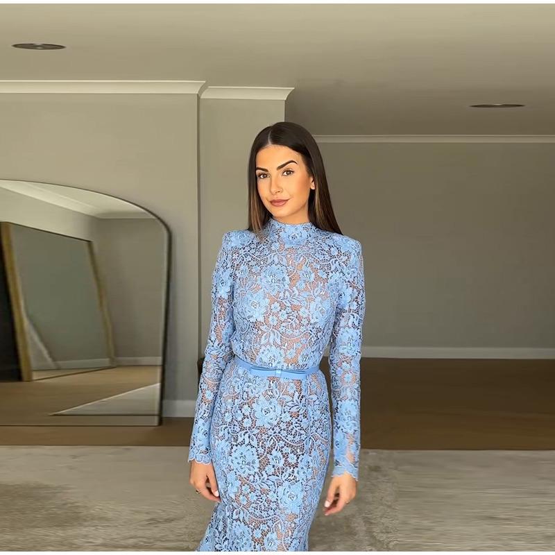 Ladies' Perspective Lace Hollow Belt Long Sleeve Fishtail Dress Solid Color Lace Decorative Elegance Ladies' Long Sleeve Dress Spring Autumn New Style