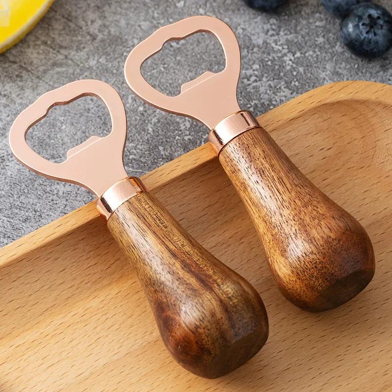 Portable Bartender Bottle Opener Solid Wooden Handle Handheld Stainless Steel Wine Beer Soda Glass Cap Bottles Openers Vintage Retro Home Kitchen Bar