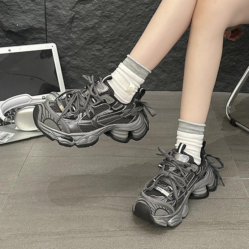 Thick-soled Heightening Paris Double-strap Contrasting Color Dad Shoes for Women 2025 Autumn and Winter New Shock-absorbing Sports and Leisure Shoes