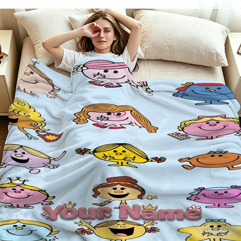 1PC Mr. Men Little Miss Custom Name Patterned Flannel Blanket Suitable For All Seasons for Home Decor Warmth and Comfort Gifts Holiday Present