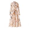 Womens French Country Floral Print A-Line Dress With Puffed Sleeves V-Neck High Waist