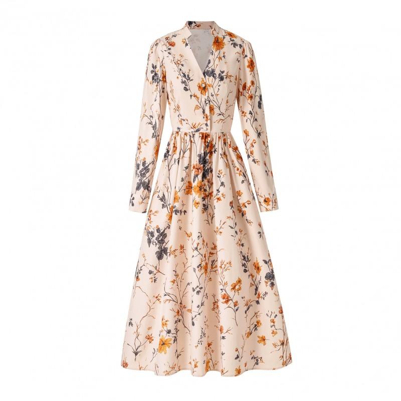 Womens French Country Floral Print A-Line Dress With Puffed Sleeves V-Neck High Waist