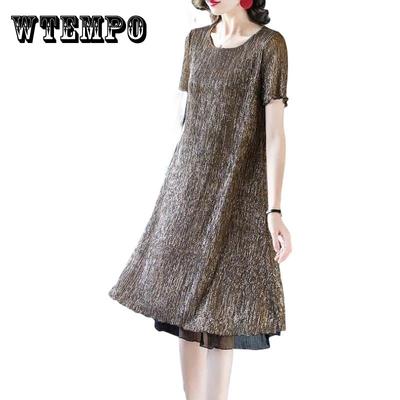 Summer Women Long Large Size Dresses Short Sleeves Solid Color Over-the-knee Long Skirts Casual Women's Pleated Skirts