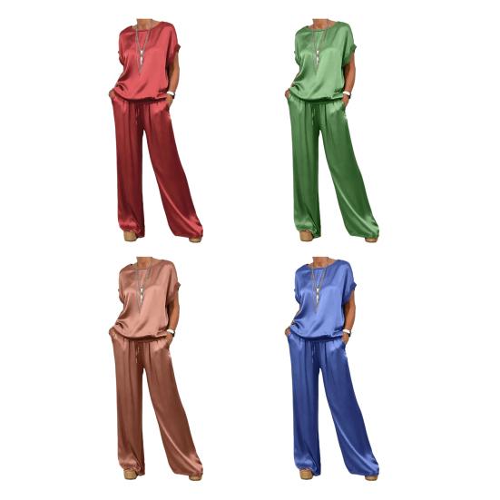 1 Set Women T-shirt Pants Suit Casual Summer Solid Color