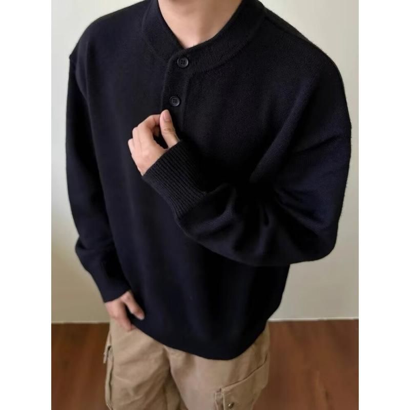 Grauer Henley-Kragen Pullover für Herren: Hochwertige Strickwaren für Frühling/Herbst, Lässiger Schnitt, Saubere Oberbekleidung.