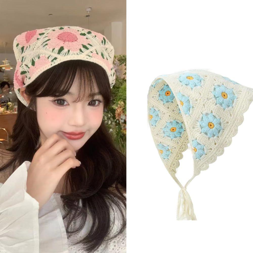 Flower Triangular HairScarf Knitted Small Square Scarf Ins Women's Headscarf  for Autumn