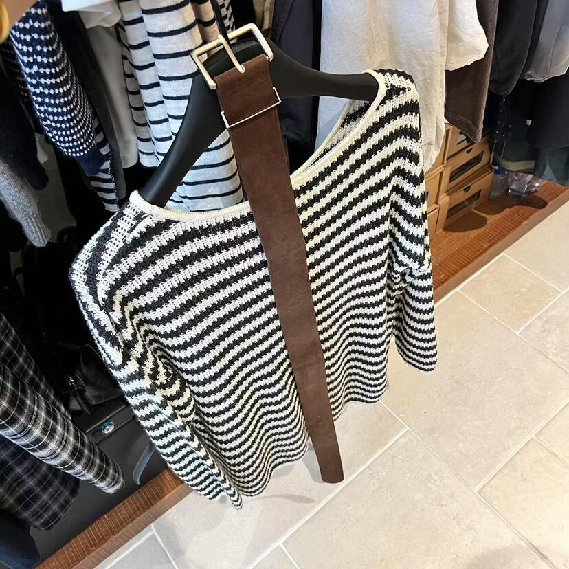 Vintage Striped Hollow-Out Long Sleeve Knitwear for Women - 2025 Autumn Loose Lazy Style Trendy Top