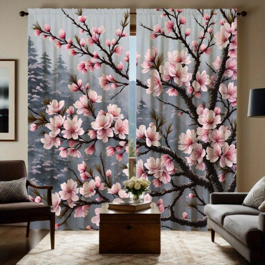 2pcs Cherry Blossom Print Curtains - Light Filtering, Rod Pocket Design, Polyester Microfiber, Floral Pattern for Living Room &