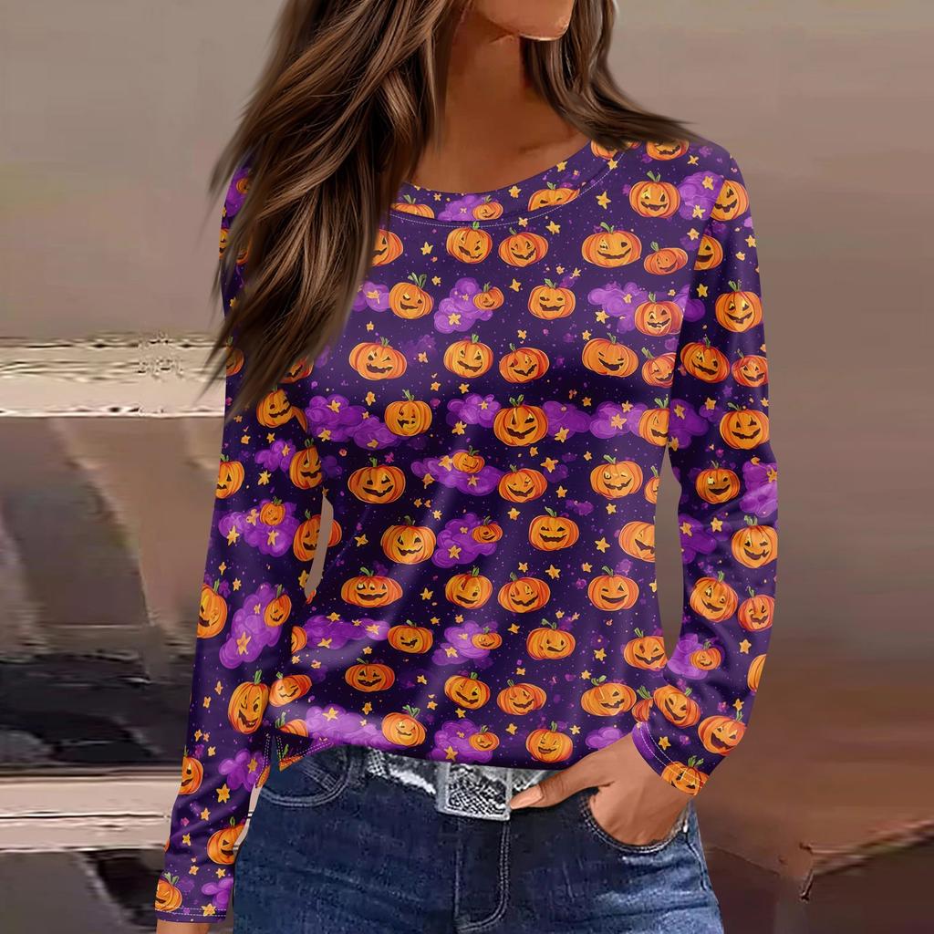 Haut à manches longues et col rond pour femme avec imprimé Halloween et fente latérale à l'ourlet pour un look décontracté de fête