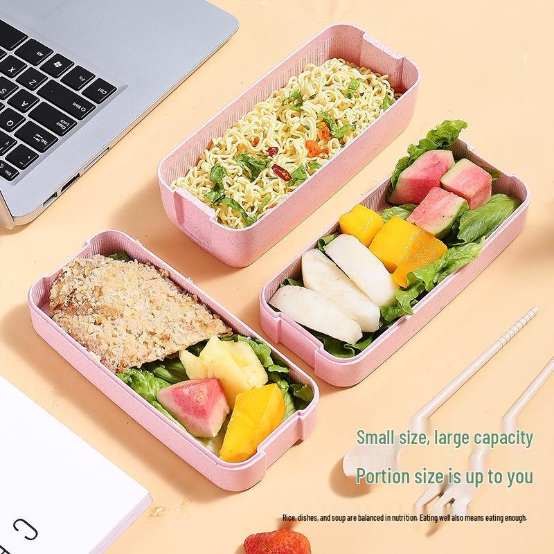 Wheat Straw Bento Box: Portable 3-Layer Sealed Meal Container with Compartments for Office or Student Lunches