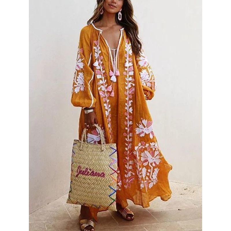 

Autumn New Loose Slimming Slit Printed Dress Orange M