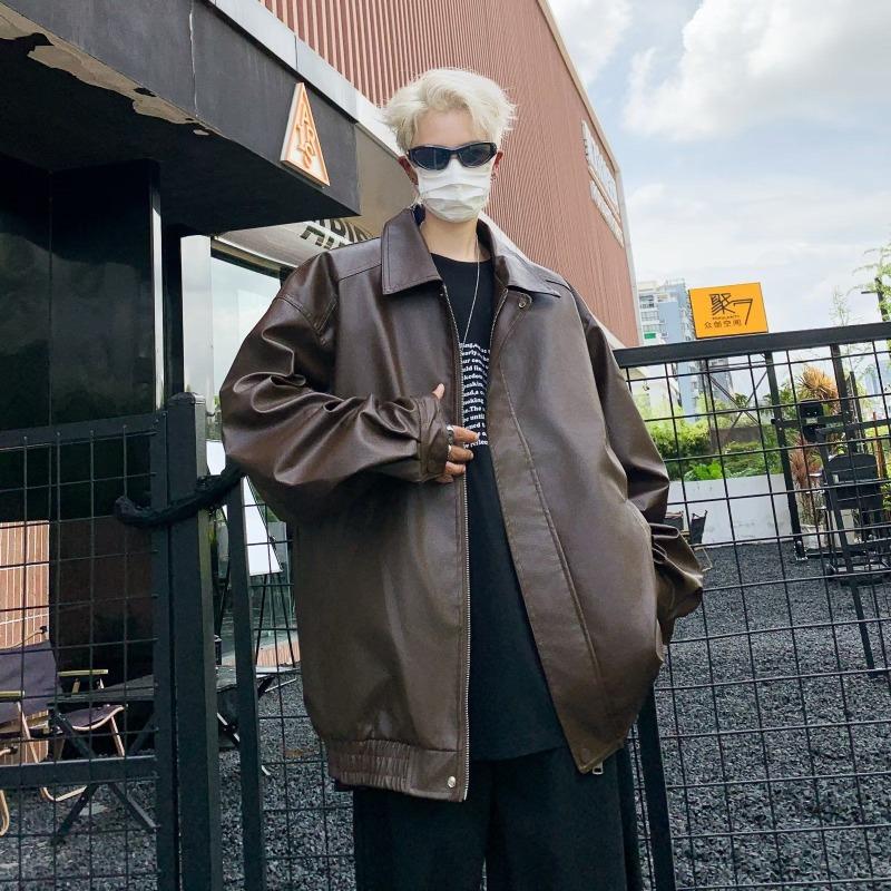 American Retro Black Leather Jacket Men's High-end Feeling Spring and Autumn Clean Fit Cool and Stylish Shoulder Pad Jacket Motorcycle Suit