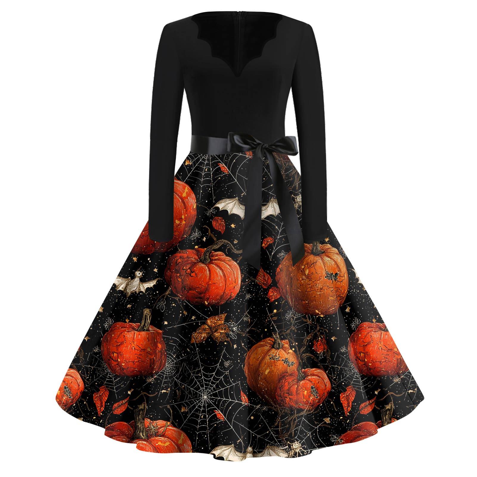 Women s Fashion V-Neck Casual Slim Halloween Printed Long Sleeve Dresses XXXL