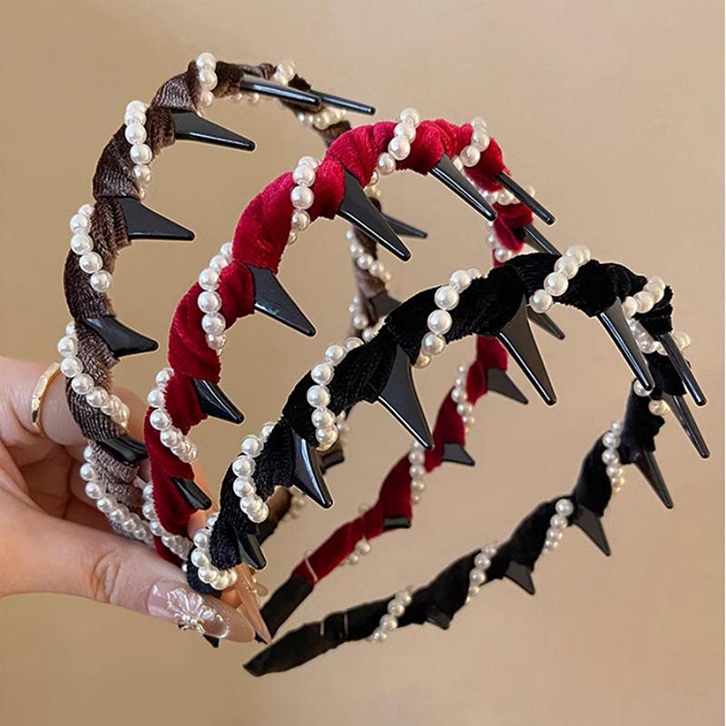 Bandă de păr vintage din catifea perlă, cu vârf, pentru femei, fete, dulce, anti-alunecare, cu dinți, accesorii pentru păr