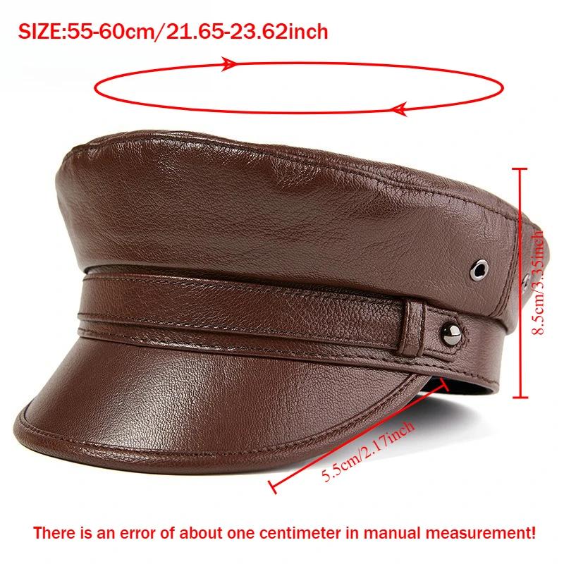 100% Sheepskin Military Hat - XXL Genuine Leather Flat Top Cap for Men/Women, Vintage Rock Style Unisex Headwearoll Captain Hat