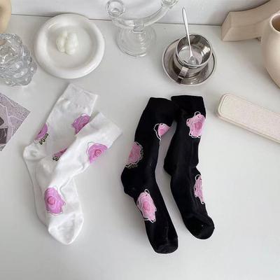 Ladies Spring Summer Romantic Rose Fresh Flowers Black and White In The Tube Socks