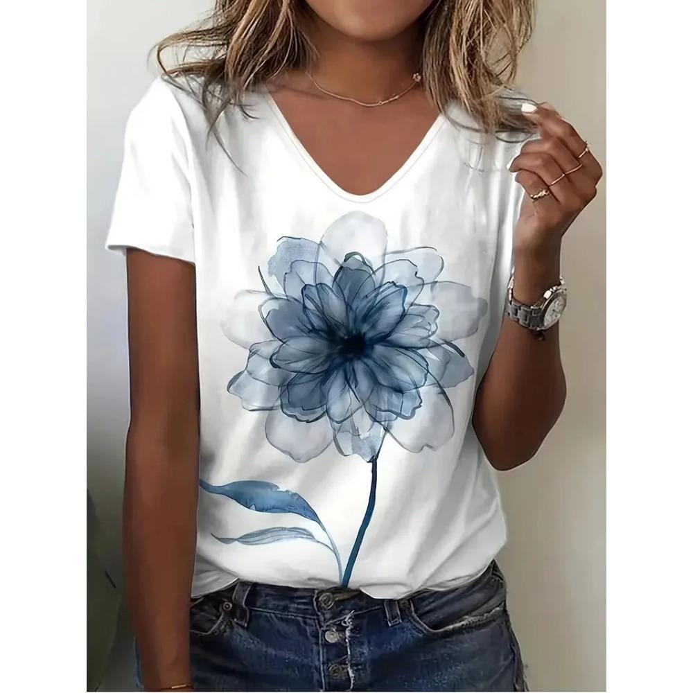 Summer Women's T-shirt Cat Pattern Printing V-neck Short-sleeved Loose Oversized Clothes