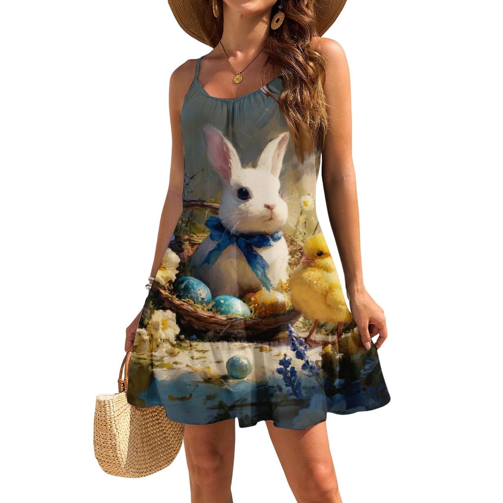 Robe décontractée élégante sans manches à bretelles ample pour femme avec imprimé plage et Pâques