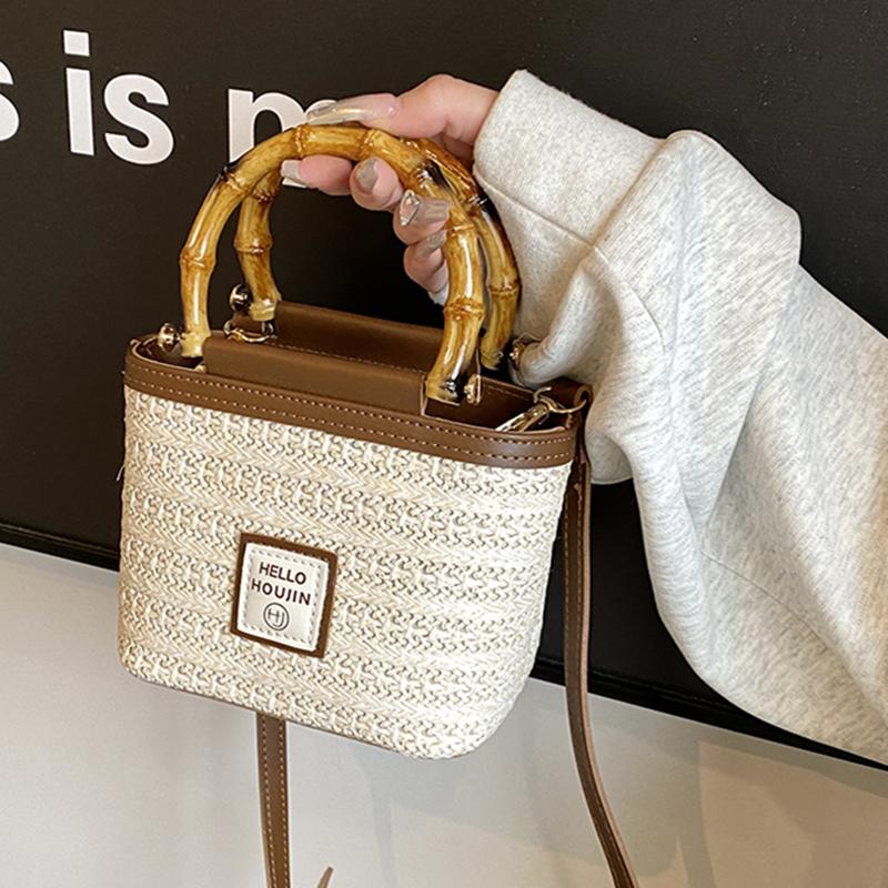 Rattan Straw Bag with Wooden Handle for Women Artisanal Bag Shoulder Bag Crossbody Bucket Beach Bag