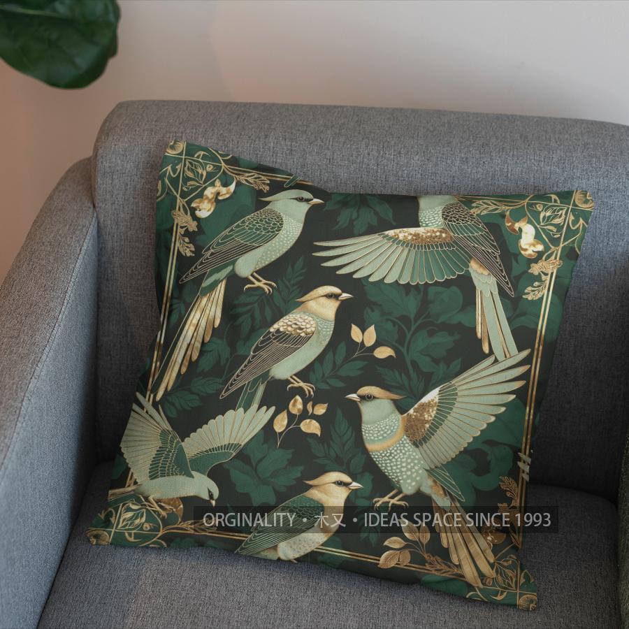 2D Elegant Green Birds And Floral Pattern Pillow Pattern Cushion Cover Suitable For Sofa Bedroom Car Pillow Cover