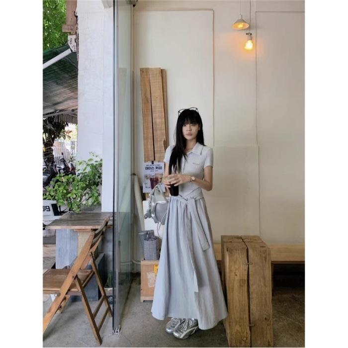 Short Sleeve POLO Neck Tie Button Splicing Dress Women's Summer New Niche Design Sense Skinny A-shaped Long Dress