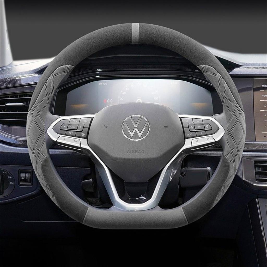 Luxury Suede Steering Wheel Cover Two Tone Sport Comfort Grip 37-38cm For VW Tiguan T-Roc Touareg ID.4 Polo Golf Car Accessories