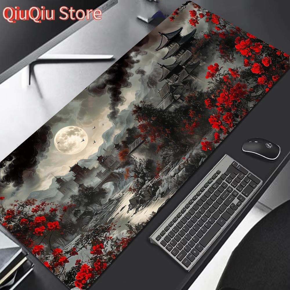 Red Moon Anime mousepad Gaming Mouse Pad Rubber Base, Extended Keyboard Protector for Home Office, Perfect for Gaming