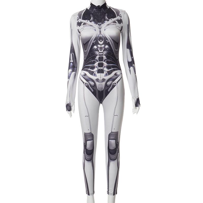 

European Autumn High Neck Long Sleeve Mechanical Print Jumpsuit - Women s Trendy Tight-Fit Bodysuit Medium